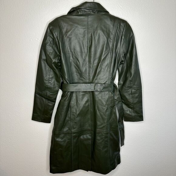 Olive Green Leather Trench Coat Badgley Mischka Women's Size XS NWT $499 - Picture 3 of 7
